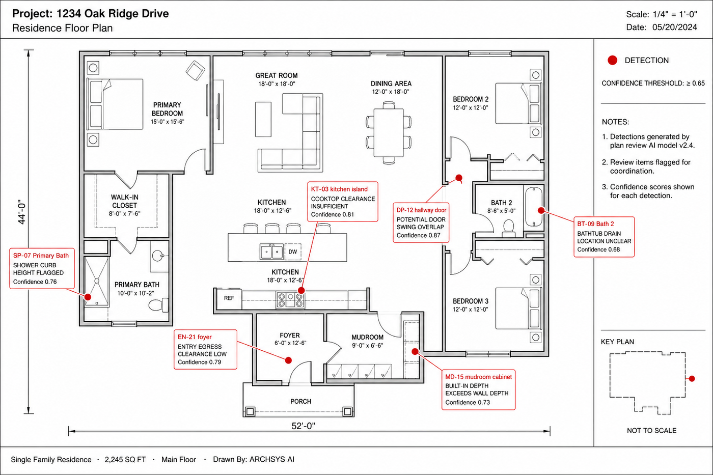 Cited floor-plan page with plan-review detections