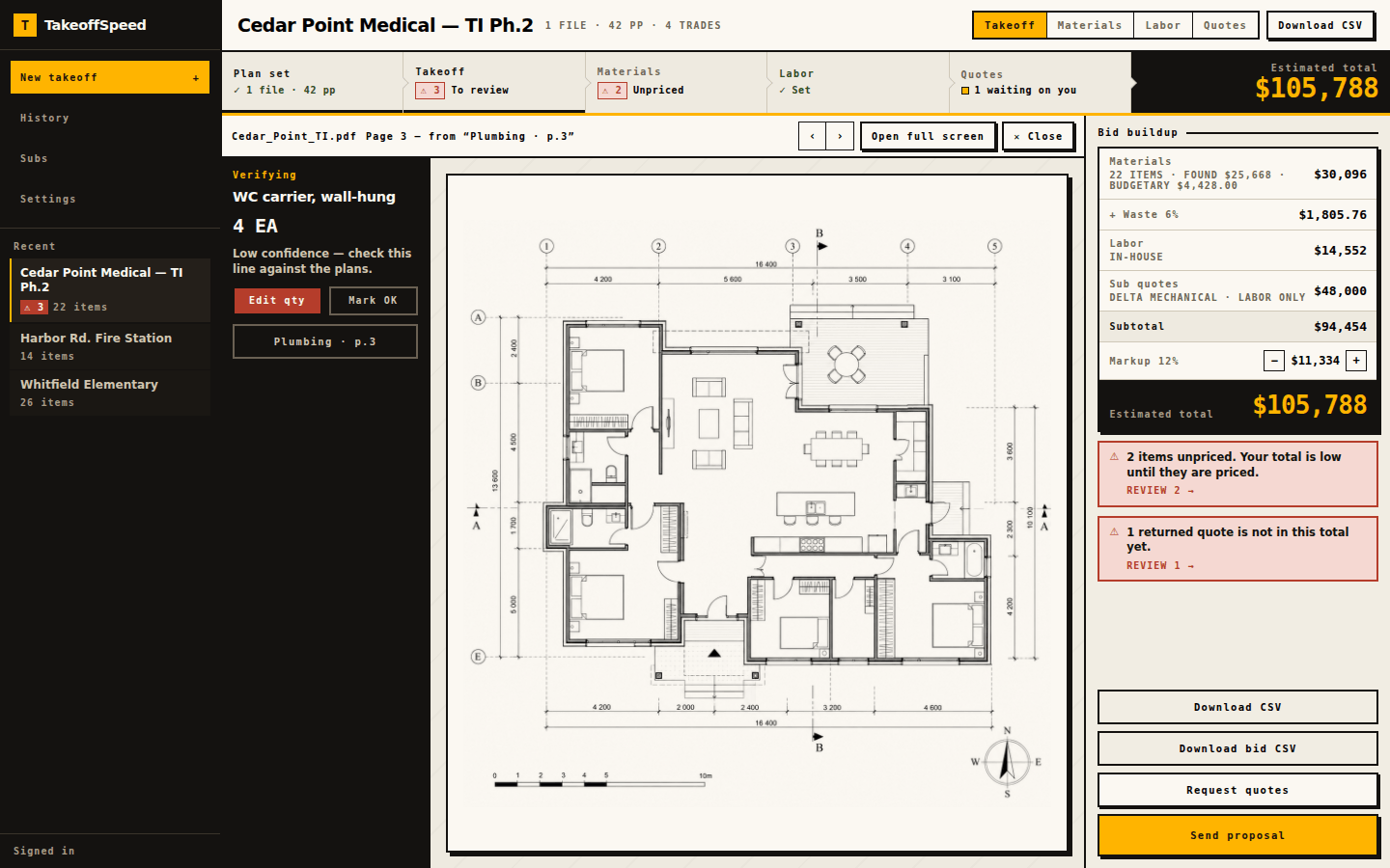Citation viewer opened from a Plumbing · p.3 chip: file and page strip, the takeoff line held beside the sheet, page arrows, Open full screen and Close.