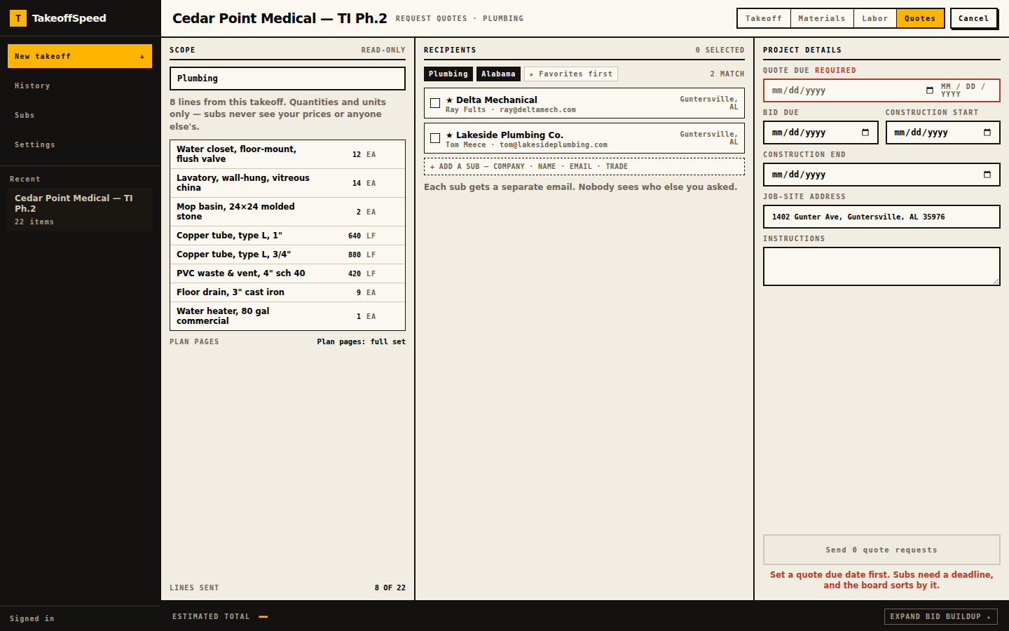 Request quotes screen: read-only scope with quantities and units only, recipients filtered to one trade, project details, and a required quote due date.