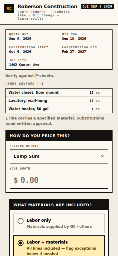 Sub quote page on a phone: GC letterhead, dates, lines covered, pricing method, quote amount, labor only or labor plus materials