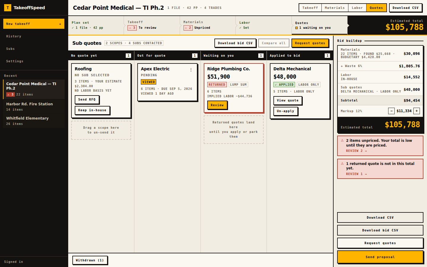Quotes board: No quote yet, Out for quote (viewed 1 day ago), Waiting on you (returned), Applied to bid