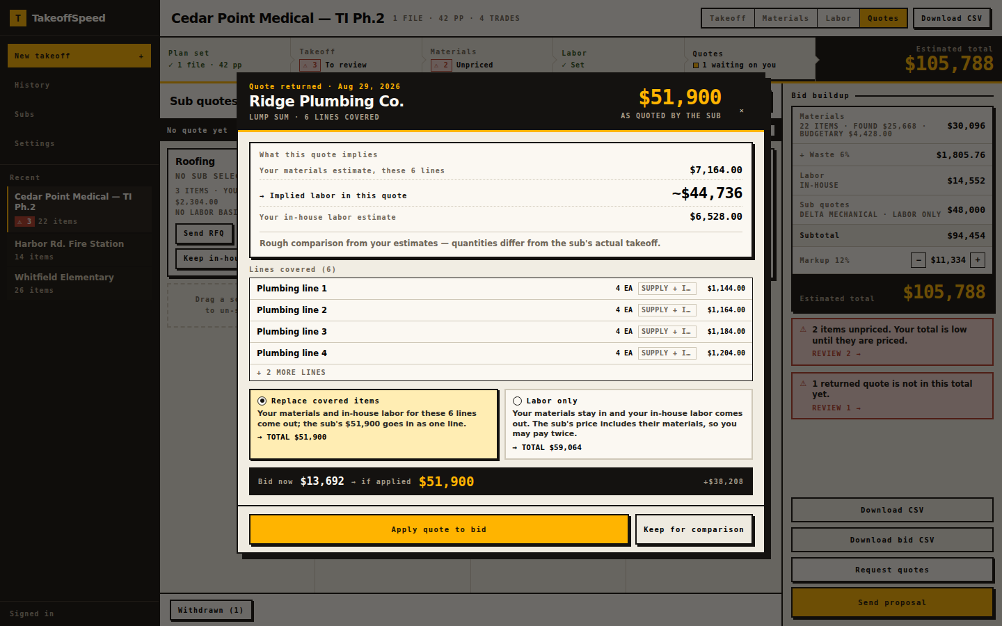 Quote review: lines the quote covers, Replace covered items versus Labor only with both totals shown before you apply the quote to the bid.